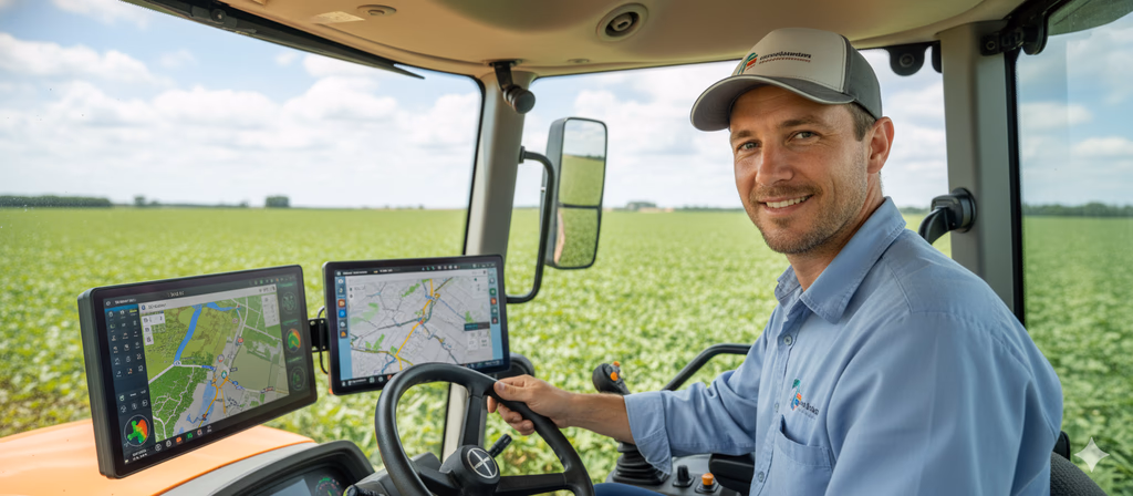 Operador em cabine com monitor de precisão