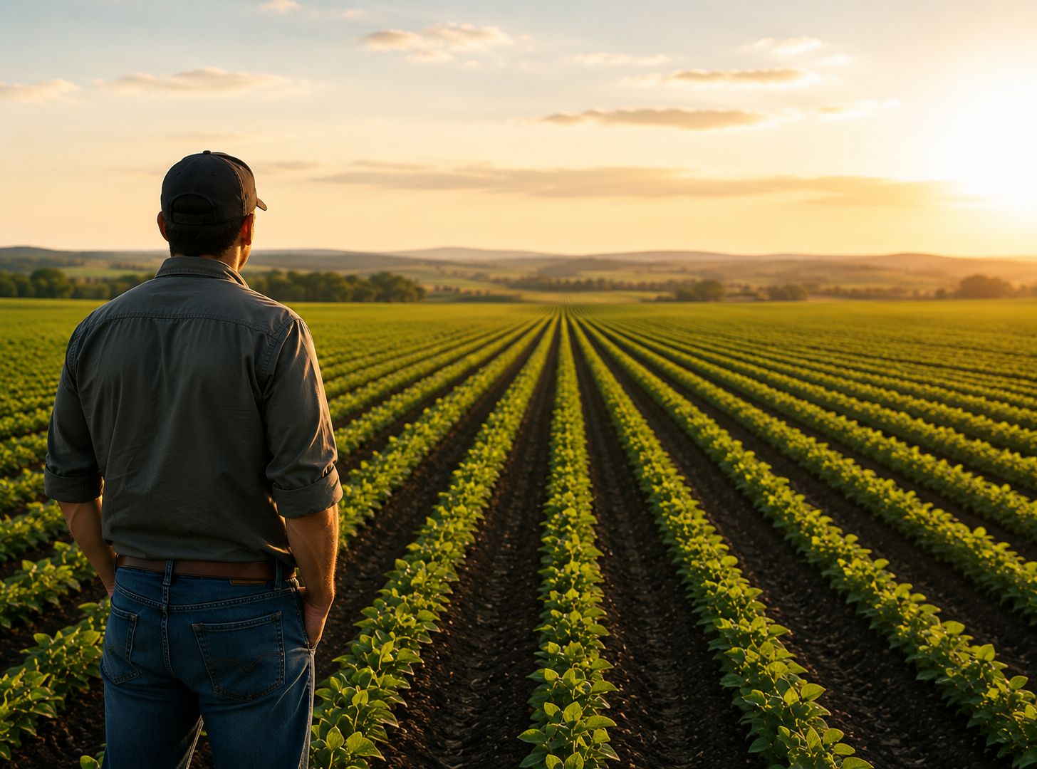 agricultor olhando para campo com plantação uniforme